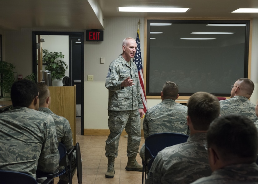 U.S. Air Force Chief Master Sgt. Alan Boling, 8th Air Force command chief, speaks to Airmen of the current Airman Leadership School class during a base visit May 2, 2017 at Dyess Air Force Base, Texas. Boling visited multiple units and Airmen across the base to observe their direct role as a part of the 8th Air Force. (U.S. Air Force photo by Airman 1st Class Katherine Miller)