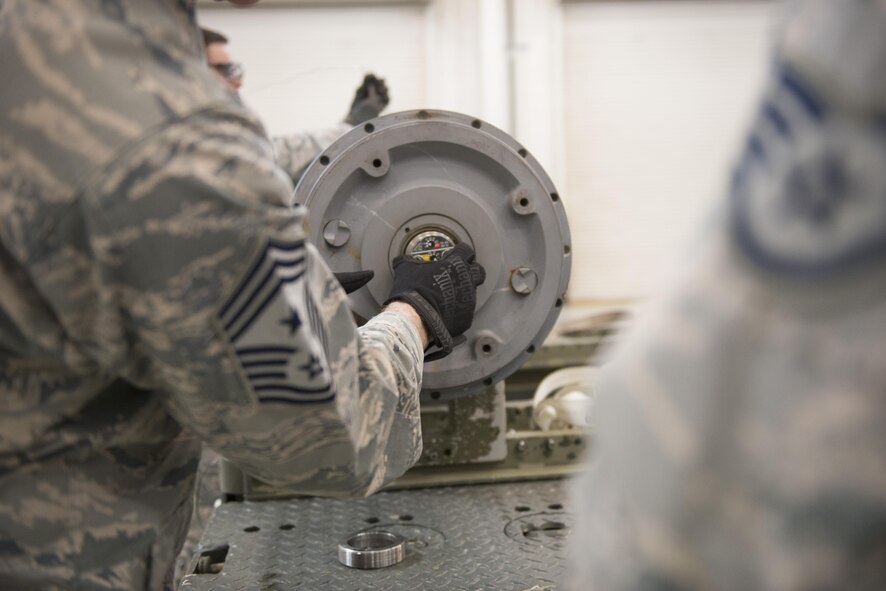U.S. Air Force Chief Master Sgt. Alan Boling, 8th Air Force command chief, assists in a bomb build killed May 2, 2017 at Dyess Air Force Base, Texas. Boling used this as an opportunity to see the variety of munitions that are built by the 7th Munitions Squadron and then loaded onto the B-1B Lancer to deliver “Mors ab Alto” or “Death From Above”. (U.S. Air Force photo by Airman 1st Class Katherine Miller)