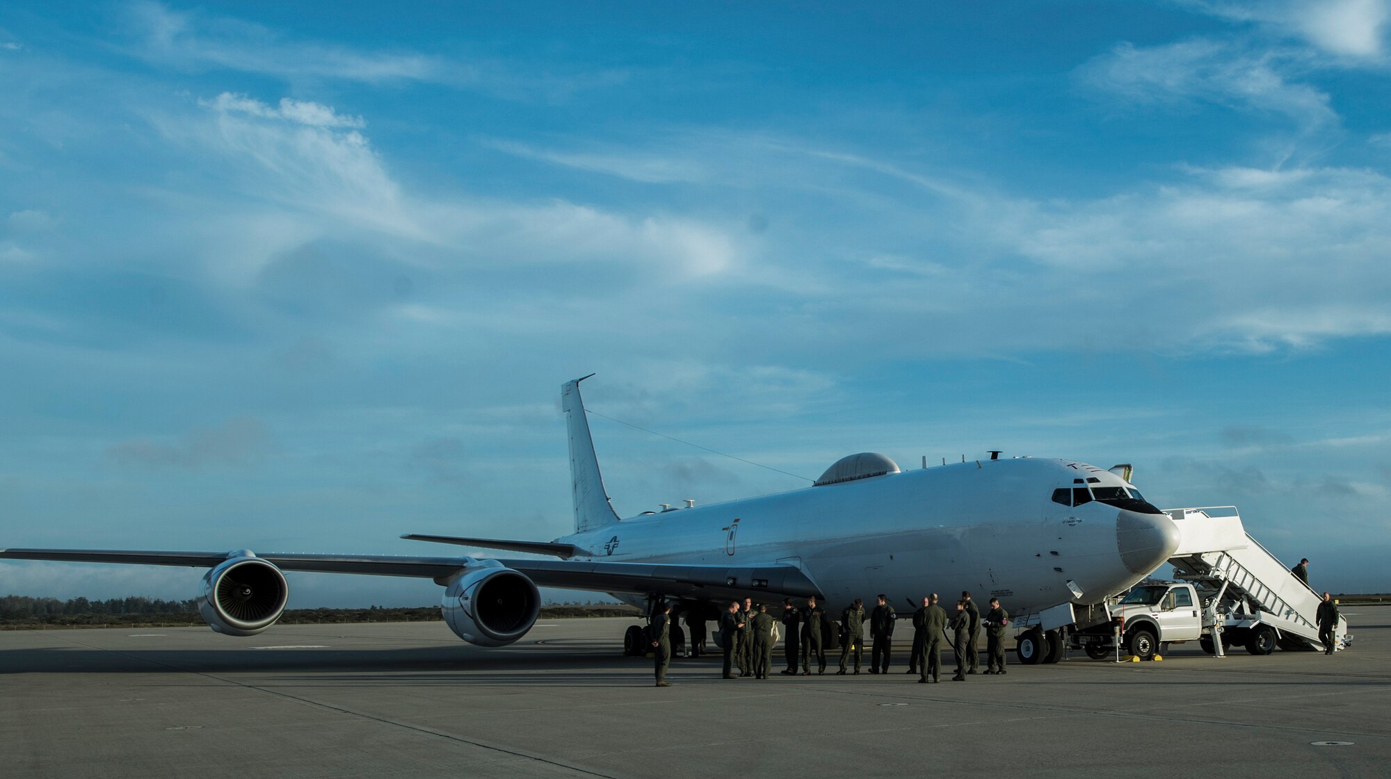 U.S. Air Force Airmen from various units within the 20th Air Force, gather outside of a U.S. Navy E-6B Mercury for a mission briefing before Glory Trip 220 at Vandenberg Air Force Base, Calif., April 25, 2017. Glory Trip is an exercise designed to bolster the readiness of U.S. Air Force missiliers to launch Intercontinental Ballistic Missiles (ICBM) at a moment’s notice. (U.S. Air Force photo by Airman 1st Class Keifer Bowes)