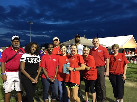 Team ERDC pose for a photograph at the 2017 Relay for Life event held at Vicksburg High School April 21.  Pictured are Anthony Stevens, Daffney Wells, Cynthia Brown, Jeremiah Pant, Erin Mathews, Clare Huntley, Quincy Alexander, Jenny Jabour, Col. Bryan Green and Yana Green.