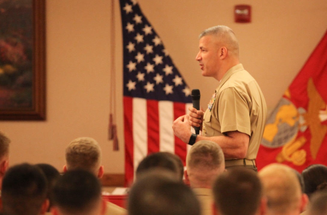 Brig. Gen. William Mullen III gives a graduation speech to the recent graduates of the Weapons and Tactics Instructor Course 2-17 at Marine Corps Air Station Yuma, April 30, 2017. WTI is a seven week period of instruction that incorporates Marine Corps planning and implementation of advanced air and ground tactics through a series of escalating evolutions in order to produce certified Weapons and Tactics Instructors. More than 200 Marines and Sailors graduated from this class of WTI. Mullen is the commanding general of Marine Air Ground Task Force Training Command, Marine Corps Air Ground Combat Center. (U.S. Marine Corps photo by Lance Cpl. Cody Lemons/Released)