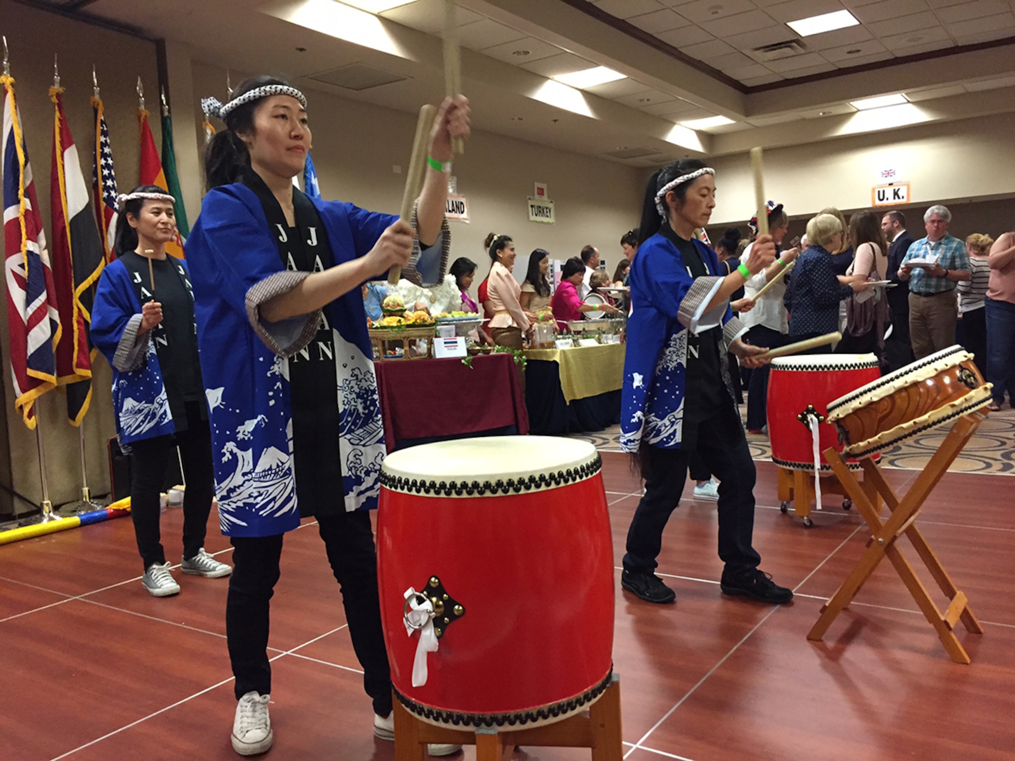 Japanese drummers entertained patrons at the International Fair April 25, 2017 at the Holiday Inn in Fairborn. The fair brought together the cultures of 21 countries with partnership ties to Wright-Patterson Air Force Base. (Skywrighter photo/Amy Rollins)
