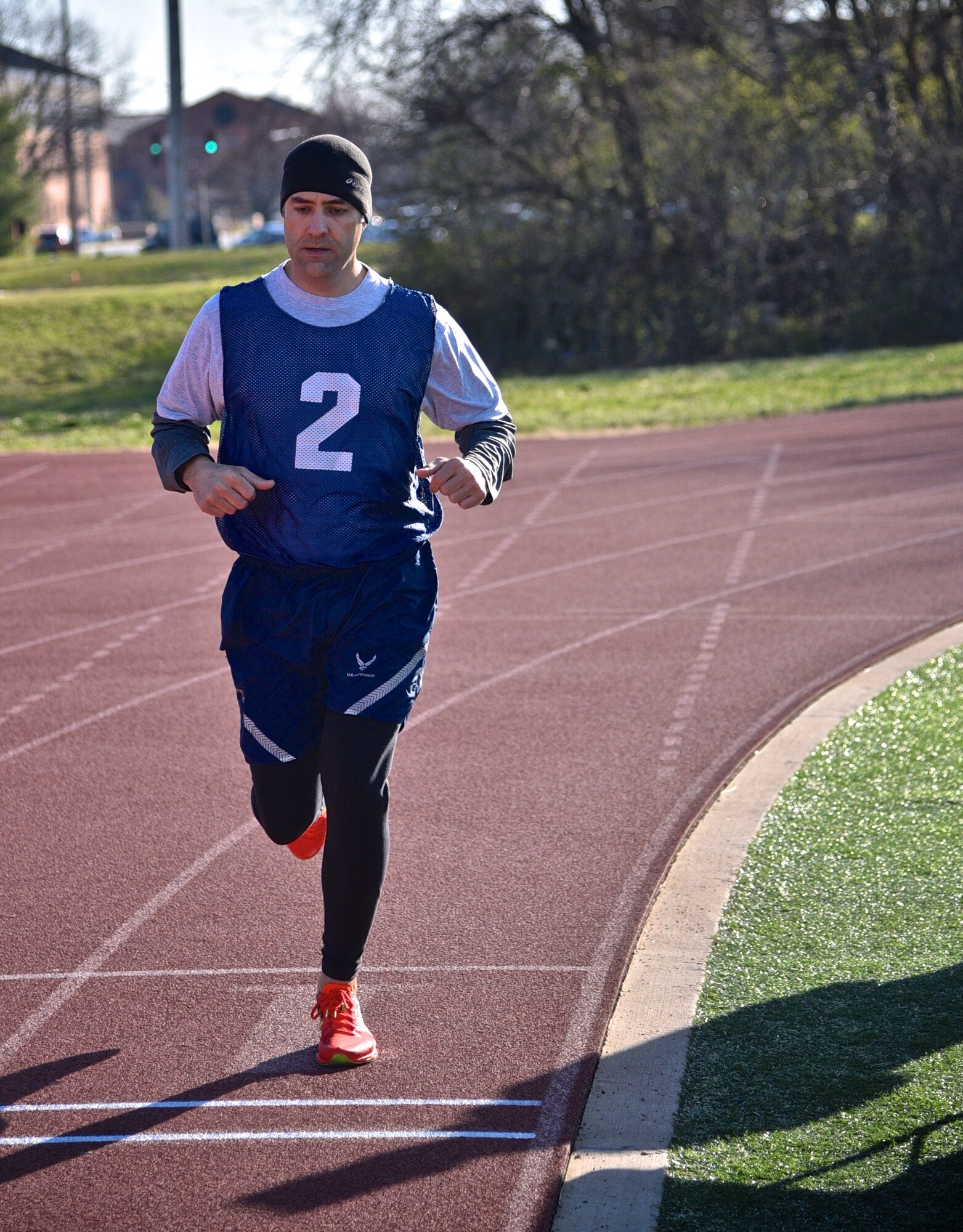 Lt. Col. Troy Appel, former 932nd Airlift Wing Aircraft Maintenance Squadron commander, now with Air Mobility Command at Scott Air Force Base, starts his last lap during his Air Force physical fitness test March 4, 2017 at the James Gym track, Scott Air Force Base, Illinois.  (U.S. Air Force photo by Tech. Christopher Parr)