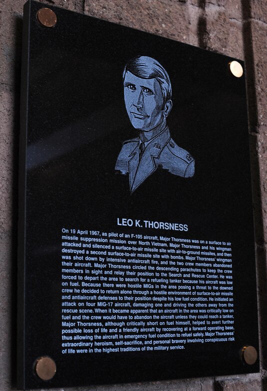 A plaque is dedicated to retired Air Force Lt. Col. Leo K. Thorsness in the 355th Fighter Wing headquarters building, named Leo K. Thorsness Hall, at Davis-Monthan Air Force Base, Ariz., May 4, 2017. Thorsness, one of 14 Vietnam-era Air Force members to receive the Medal of Honor, died May 2 in Jacksonville, Fla., at the age of 85.