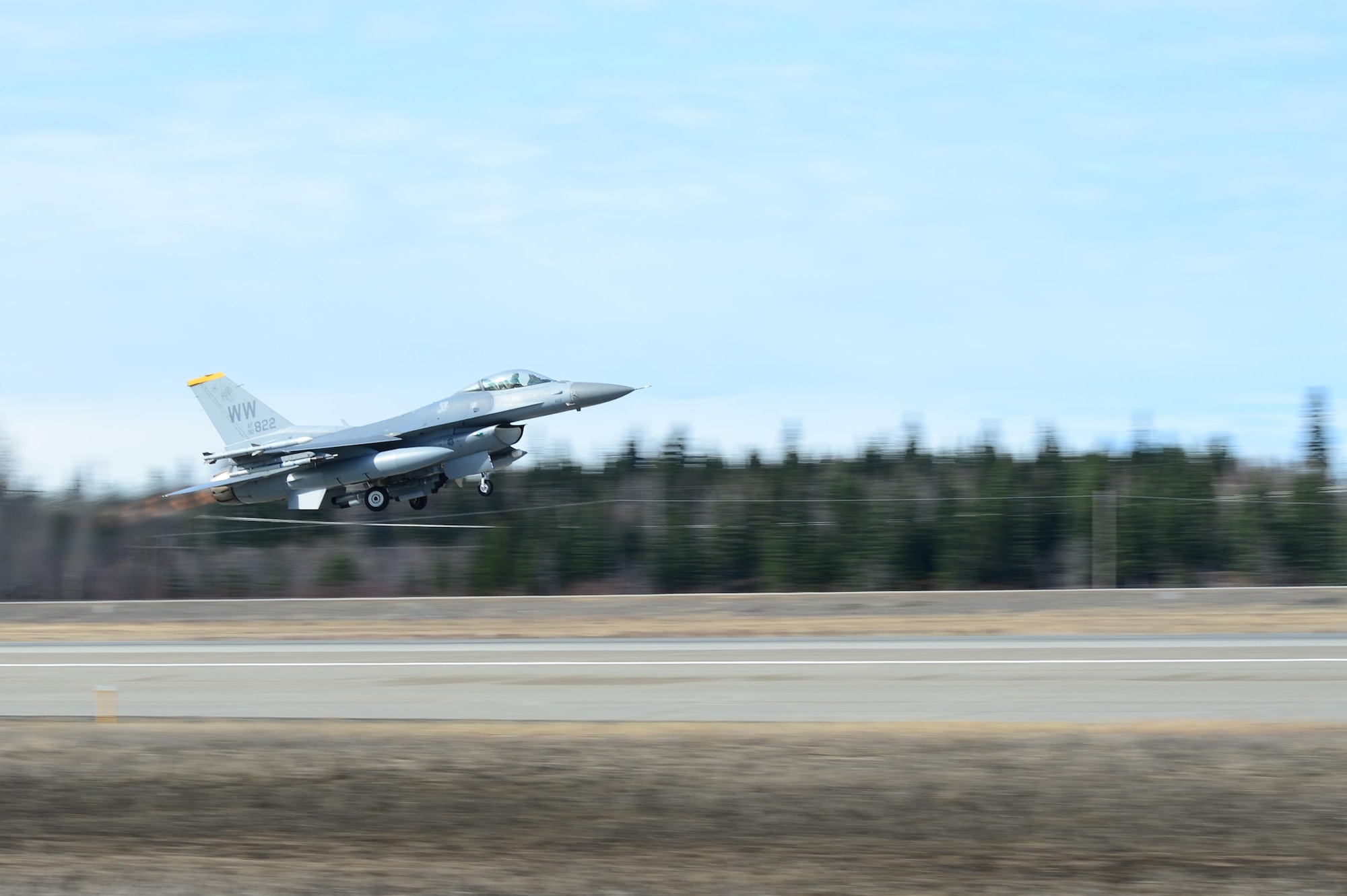 EIELSON AIR FORCE BASE, Alaska – A U.S. Air Force F-16 Fighting Falcon aircraft assigned to the 13th Fighter Squadron, Misawa Air Base, Japan, takes off for a sortie from Eielson Air Force Base, Alaska, May 4, 2017 during NORTHERN EDGE 2017 (NE17). NE17 is Alaska’s premier joint training exercise designed to practice operations, techniques and procedures as well as enhance interoperability among the services. Thousands of participants from all the services, Airmen, Soldiers, Sailors, Marines and Coast Guardsmen from active duty, Reserve and National Guard units are involved. (U.S. Air Force photo by Airman Eric M. Fisher)