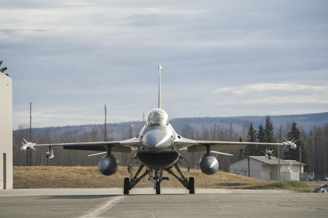EIELSON AIR FORCE BASE, Alaska –A U.S. Air Force F-16 Fighting Falcon aircraft assigned to the 18th Aggressor Squadron, prepares to take off during NORTHERN EDGE 2017 (NE17), May 4, 2017, at Eielson Air Force Base, Alaska. NE17 is Alaska’s premier joint training exercise designed to practice operations, techniques and procedures as well as enhance interoperability among the services. Thousands of participants from all the services, Airmen, Soldiers, Sailors, Marines and Coast Guardsmen from active duty, Reserve and National Guard units are involved. (U.S. Air Force photo by Airman 1st Class Isaac Johnson)