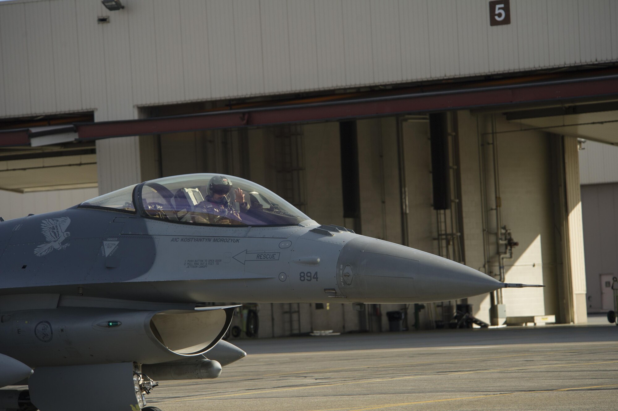 EIELSON AIR FORCE BASE, Alaska – A U.S. Air Force F-16 Fighting Falcon aircraft assigned to the 13th Fighter Squadron, taxis on the flight line during NORTHERN EDGE 2017 (NE17), May 4, 2017, at Eielson Air Force Base, Alaska. NE17 is Alaska’s premier joint training exercise designed to practice operations, techniques and procedures as well as enhance interoperability among the services. Thousands of participants from all the services, Airmen, Soldiers, Sailors, Marines and Coast Guardsmen from active duty, Reserve and National Guard units are involved. (U.S. Air Force photo by Airman 1st Class Isaac Johnson)