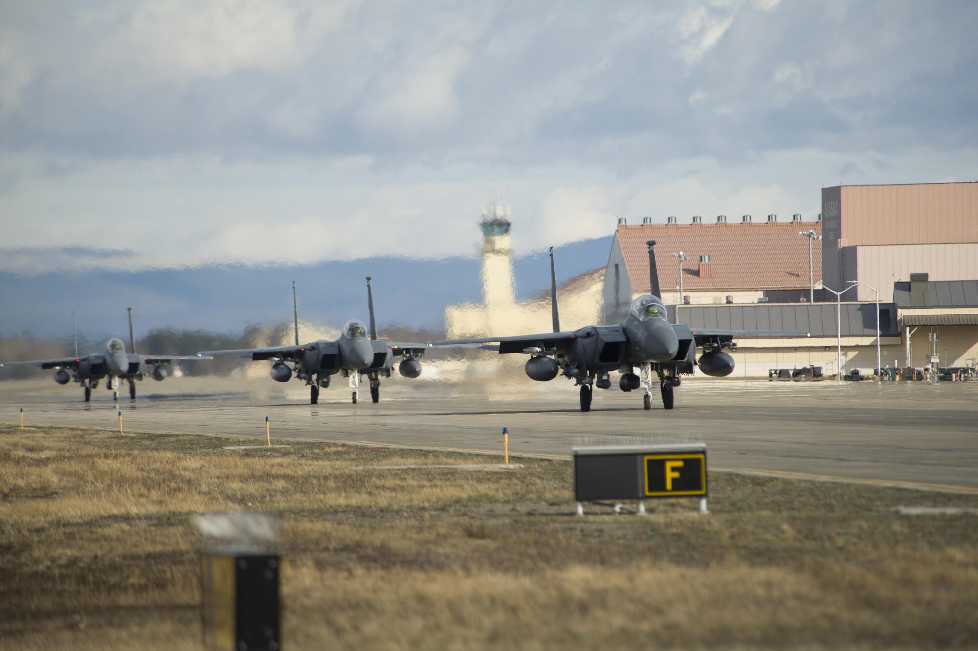 EIELSON AIR FORCE BASE, Alaska – U.S. Air Force F-15 Strike Eagle aircraft assigned from Seymour Johnson Air Force Base, North Carolina, taxis down the flight line during NORTHERN EDGE 2017 (NE17), May 4, 2017, at Eielson Air Force Base, Alaska. NE17 is Alaska’s premier joint training exercise designed to practice operations, techniques and procedures as well as enhance interoperability among the services. Thousands of participants from all the services, Airmen, Soldiers, Sailors, Marines and Coast Guardsmen from active duty, Reserve and National Guard units are involved. (U.S. Air Force photo by Airman 1st Class Isaac Johnson)