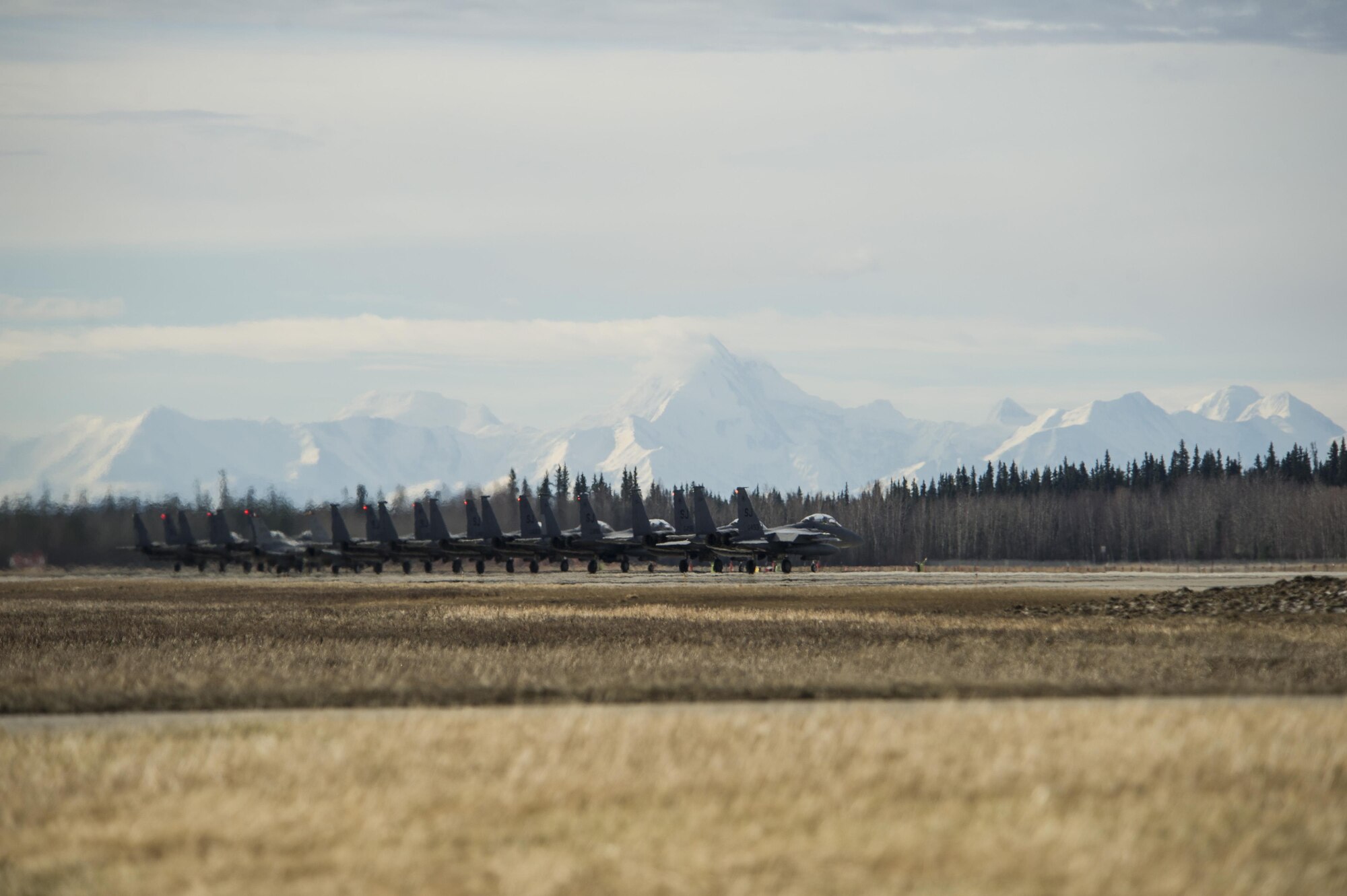 EIELSON AIR FORCE BASE, Alaska – U.S. Air Force F-15 Strike Eagle aircraft prepare to take off during NORTHERN EDGE 2017 (NE17), May 4, 2017, at Eielson Air Force Base, Alaska. NE17 is Alaska’s premier joint training exercise designed to practice operations, techniques and procedures as well as enhance interoperability among the services. Thousands of participants from all the services, Airmen, Soldiers, Sailors, Marines and Coast Guardsmen from active duty, Reserve and National Guard units are involved. (U.S. Air Force photo by Airman 1st Class Isaac Johnson)