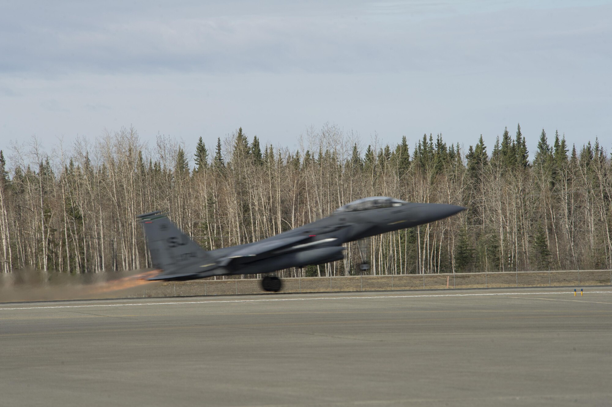 EIELSON AIR FORCE BASE, Alaska – A U.S. Air Force F-15 Strike Eagle aircraft from Seymour Johnson Air Force Base, North Carolina, takes off during NORTHERN EDGE 2017 (NE17), May 4, 2017, at Eielson Air Force Base, Alaska. NE17 is Alaska’s premier joint training exercise designed to practice operations, techniques and procedures as well as enhance interoperability among the services. Thousands of participants from all the services, Airmen, Soldiers, Sailors, Marines and Coast Guardsmen from active duty, Reserve and National Guard units are involved. (U.S. Air Force photo by Airman 1st Class Isaac Johnson)