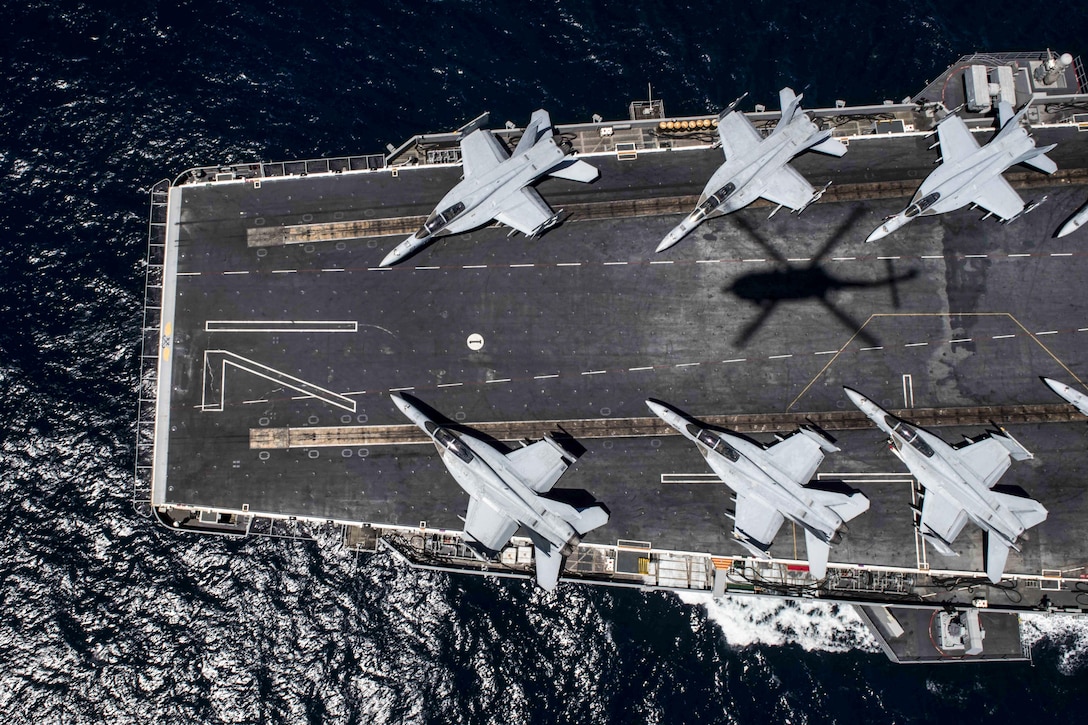 The aircraft carrier USS Theodore Roosevelt travels in the Pacific Ocean during a tailored ship training event off the coast of Southern California, April 30, 2017. Navy photo by Petty Officer 3rd Class Austin Clayton