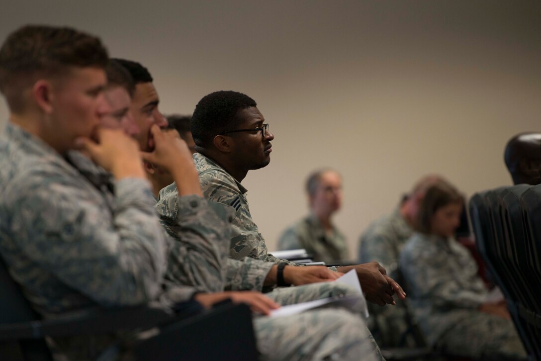 An Airmen assigned to the 39th Air Base Wing (ABW) leans forward during a Sexual Assault Awareness and Prevention Month mock trial April 27, 2017, at Incirlik Air Base, Turkey. The mock trial was organized by the 39th ABW Legal Office and Sexual Assault Response Coordinator to inform Airmen on the legal process of a sexual assault case. (U.S. Air Force photo by Airman 1st Class Devin M. Rumbaugh)