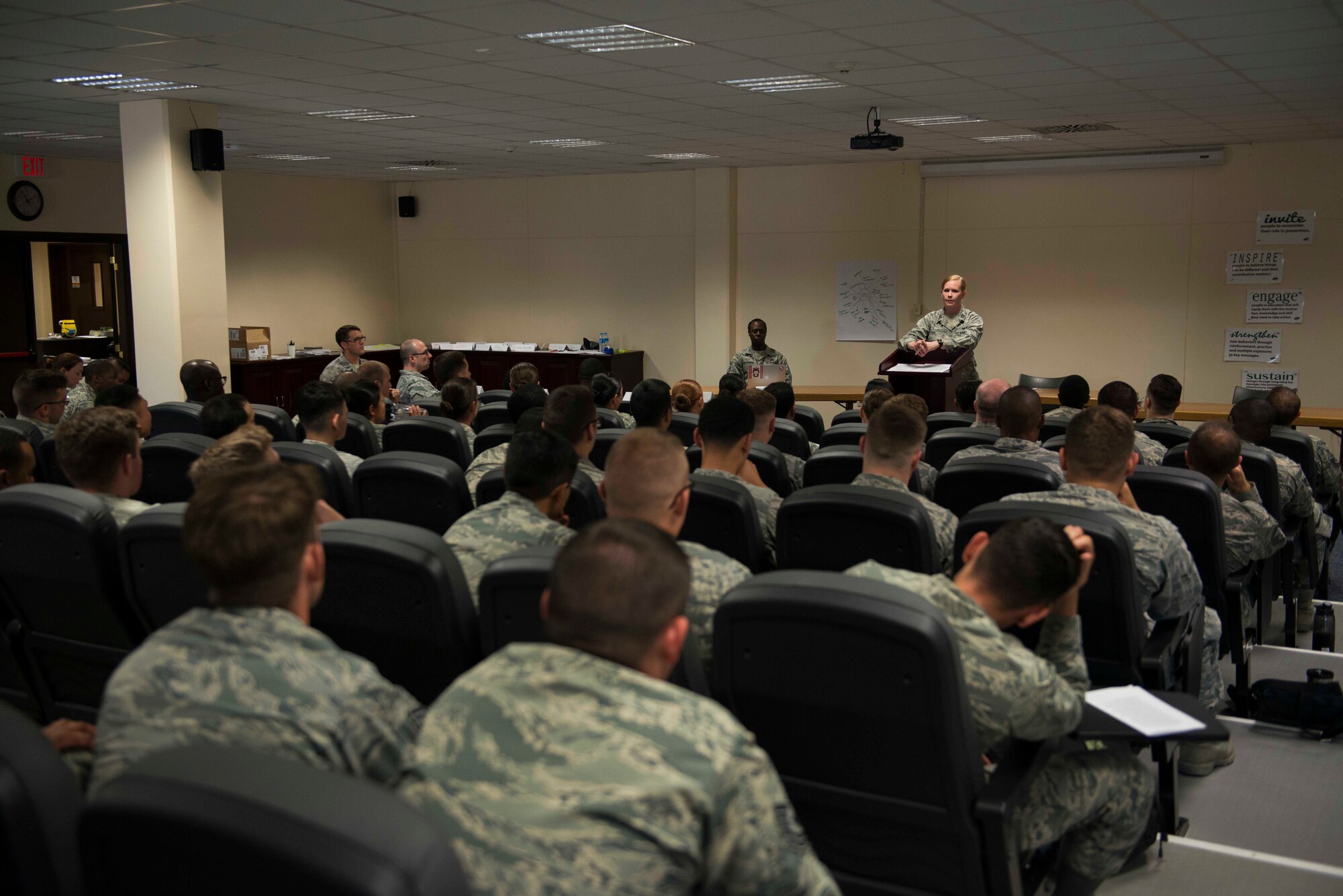 U.S. Airmen, assigned to the 39th Air Base Wing, attend a Sexual Assault Awareness and Prevention Month mock trial April 27, 2017, at Incirlik Air Base, Turkey. The mock trial was put together to inform Airmen on the legal process of a sexual assault case. (U.S. Air Force photo by Airman 1st Class Devin M. Rumbaugh) 