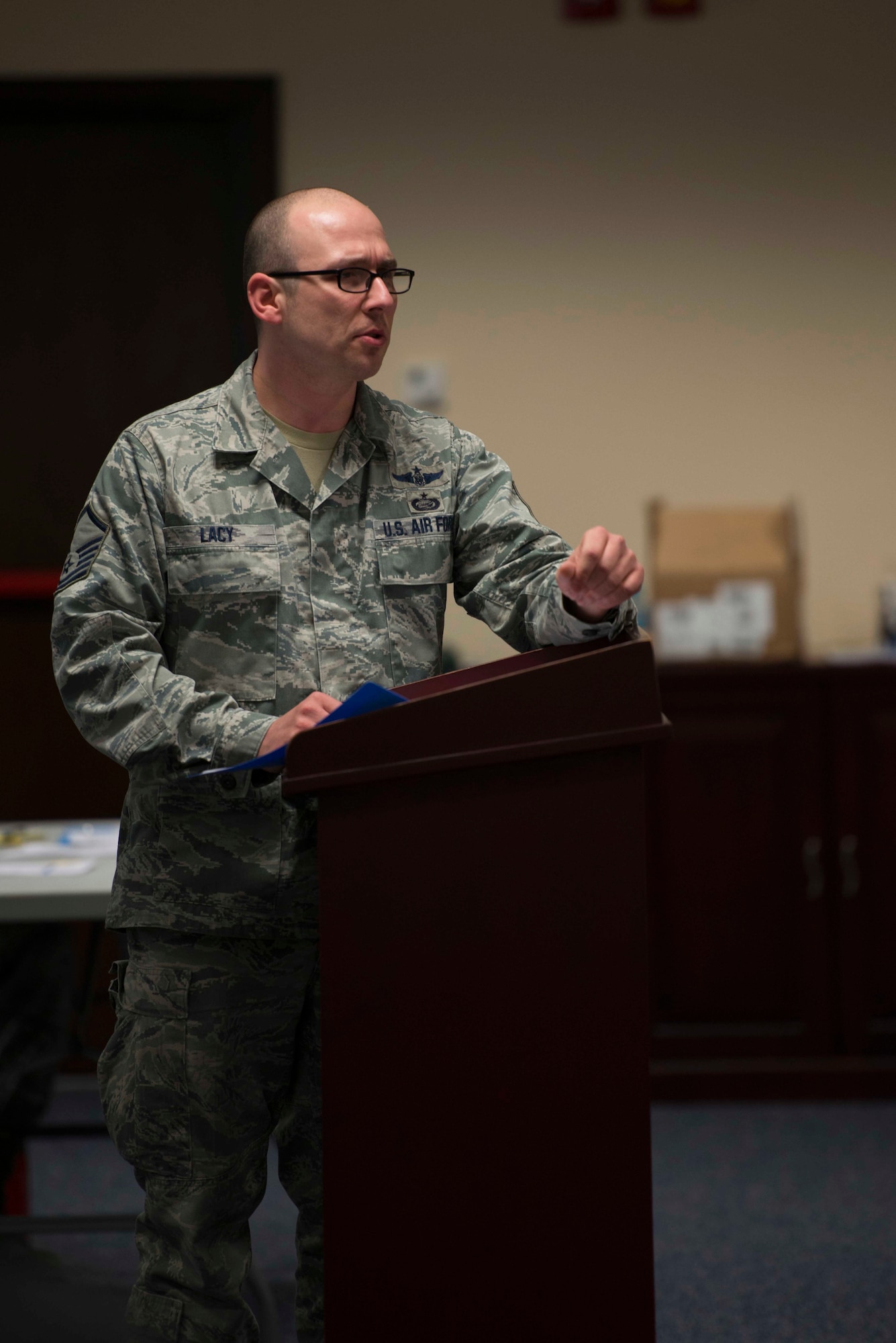 U.S. Air Force Master Sgt. Travis Lacy, 39th Force Support Squadron Manpower and Organization section chief, argues a point during a Sexual Assault Awareness and Prevention Month (SAAPM) mock trial April 27, 2017, at Incirlik Air Base, Turkey. Lacy played the role of the assistant trial council for Incirlik’s first SAAPM mock trial, which was organized by the 39th Air Base Wing Legal Office and Sexual Assault Response Coordinator to inform Airmen on the legal process of a sexual assault case. (U.S. Air Force photo by Airman 1st Class Devin M. Rumbaugh)