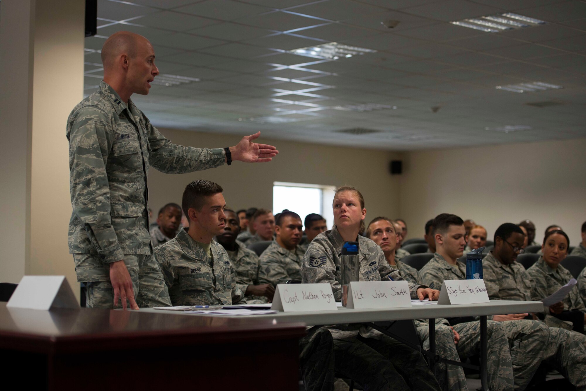 U.S. Air Force Capt. Nathan Royer, 39th Air Base Wing (ABW) Area Defense Council, contests a point during a Sexual Assault Awareness and Prevention Month (SAAPM) mock trial April 27, 2017, at Incirlik Air Base, Turkey. Royer played as the Senior Defense Council for Incirlik’s first SAAPM mock trial, which was organized by the 39th ABW Legal Office and Sexual Assault Response Coordinator to inform Airmen on the legal process of a sexual assault case. (U.S. Air Force photo by Airman 1st Class Devin M. Rumbaugh)