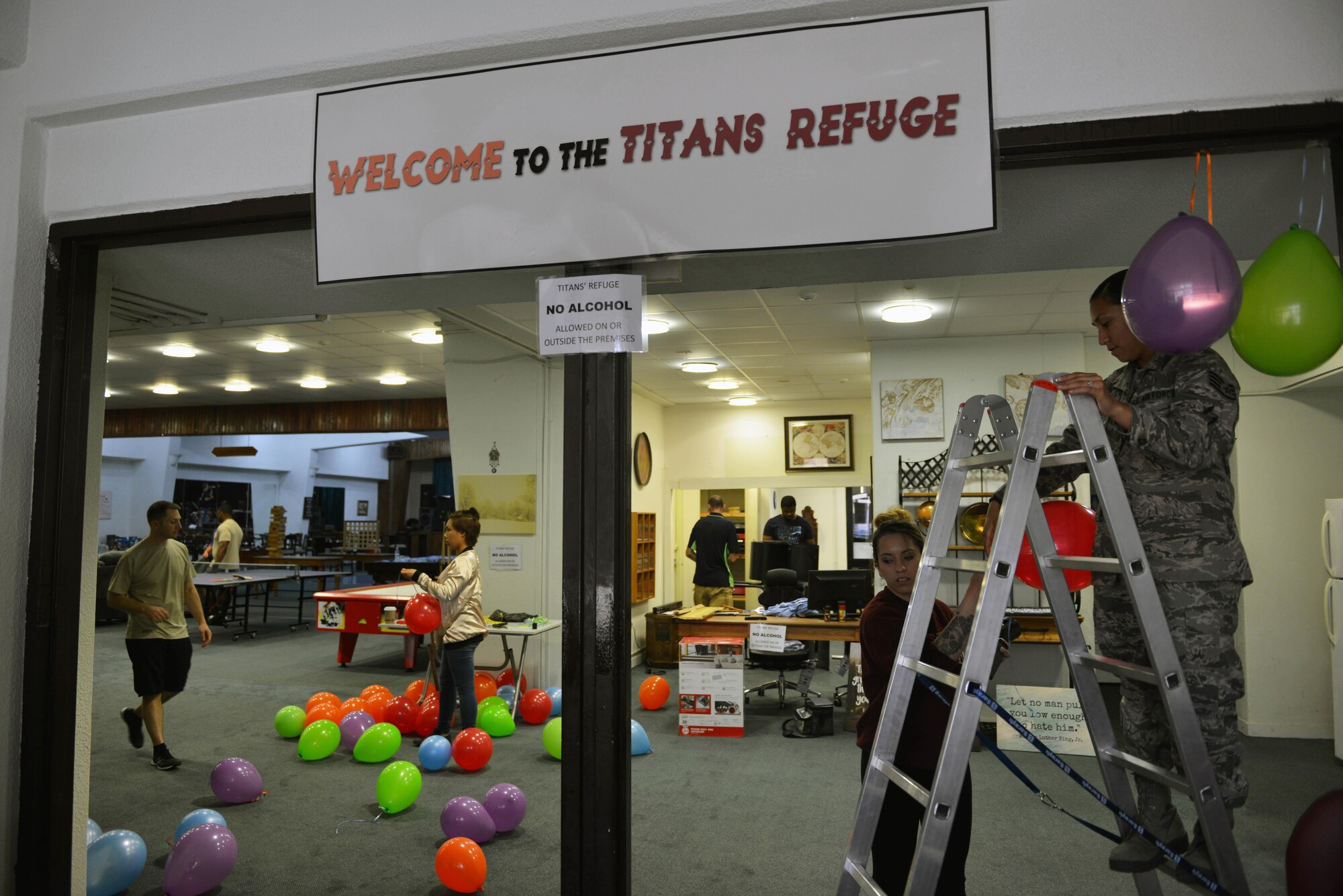 U.S. Airmen prepare the Titans’ Refuge Ministry Center for a grand opening ceremony May 4, 2017, at Incirlik Air Base, Turkey. The ceremony will take place on May 5, and feature a Cinco de Mayo theme with a live musical performance. (U.S. Air Force photo by Senior Airman John Nieves Camacho)
