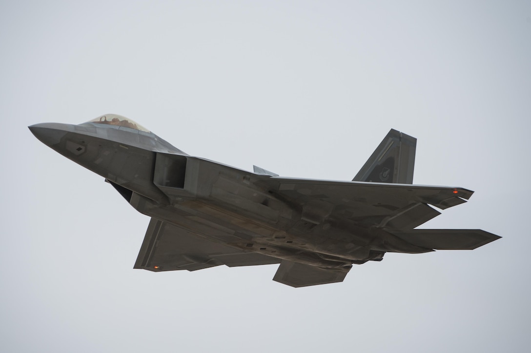An F-22 Raptor launches a sortie in support of Combined Joint Task Force-Operation Inherent Resolve from an undisclosed location in Southwest Asia, Feb. 14, 2017. F-22s have provided close air support and precision guided strikes in an effort to weaken and destroy Islamic State in Iraq and the Levant operations in the Middle East region and around the world. (U.S. Air Force photo/Senior Airman Tyler Woodward)