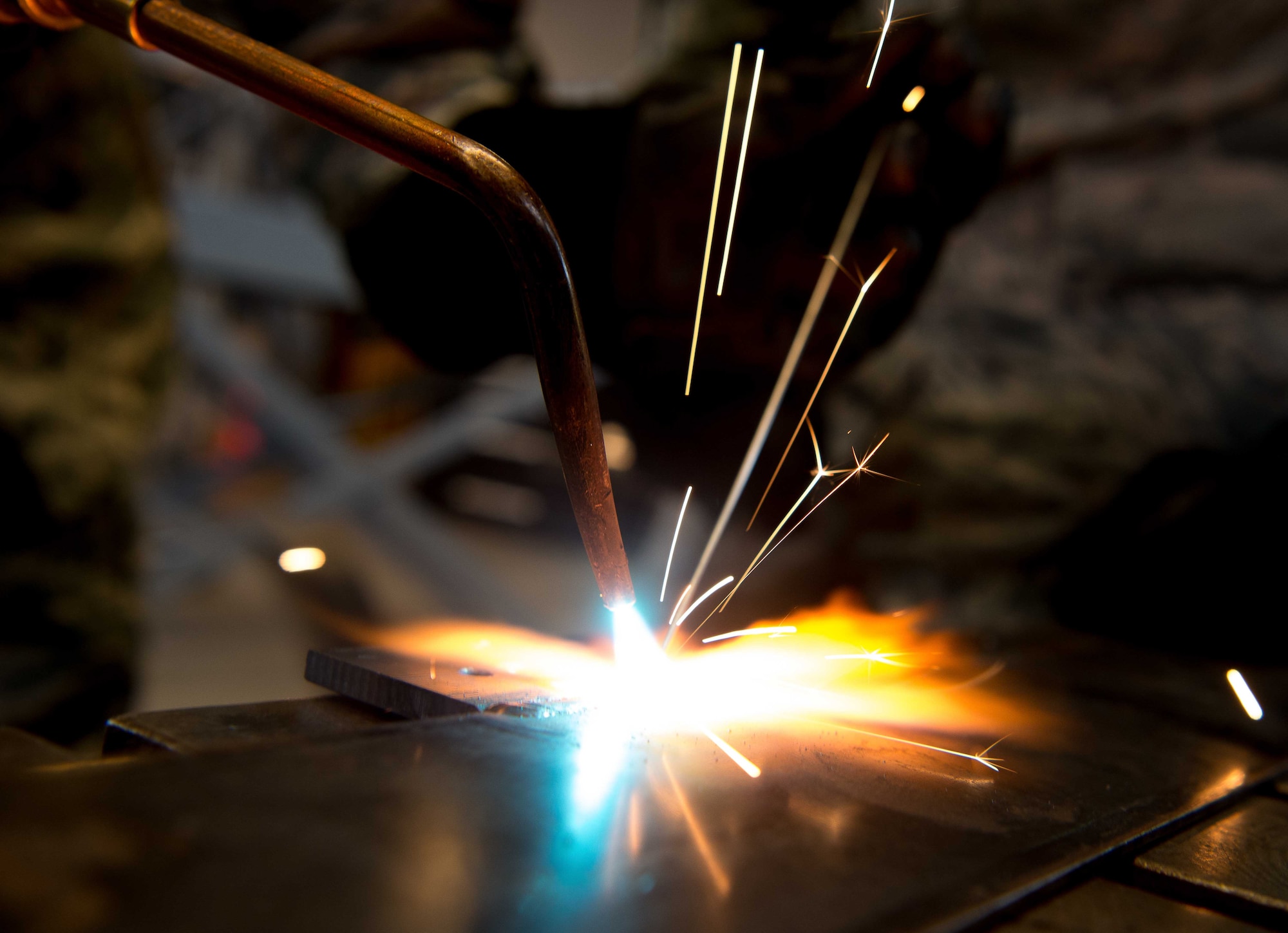Staff Sgt. Brandon Didonato, 86th Maintenance Squadron aircraft metals technology technician, used an oxyacetylene welder on Ramstein Air Base, Germany, May 2, 2017. The 86th MXS Aircraft Metals Technology shop welds and machines tools and parts, such as bolts, brackets and exhausts, in support of the flight line. (U.S. Air Force photo by Senior Airman Elizabeth Baker/Released)