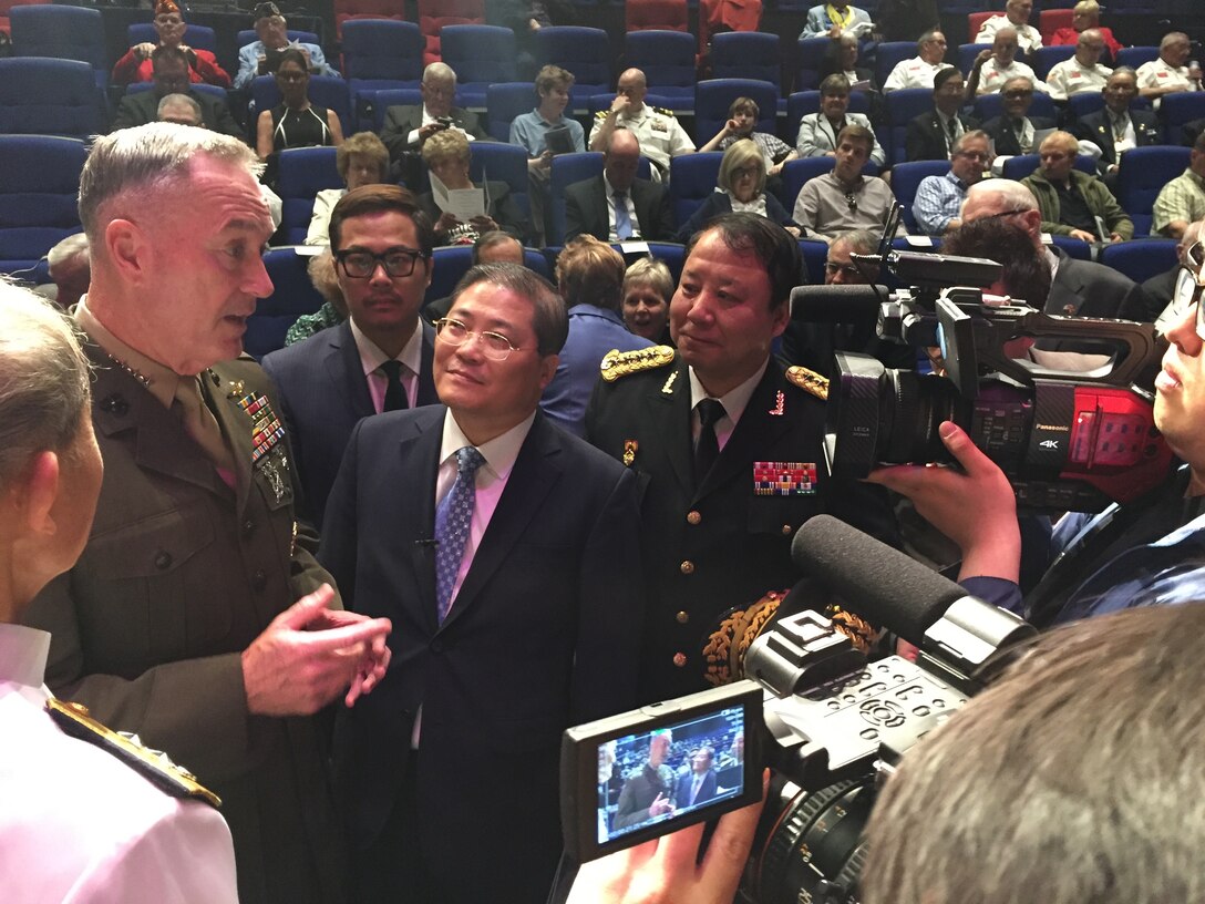 Chairman of the Joint Chiefs of Staff Marine Corps Gen. Joe Dunford speaks to South Korean media before the dedication of the Chosin Few Battle Monument at the National Museum of the Marine Corps in Quantico, Va., May 4, 2017. DoD photo by Jim Garamone