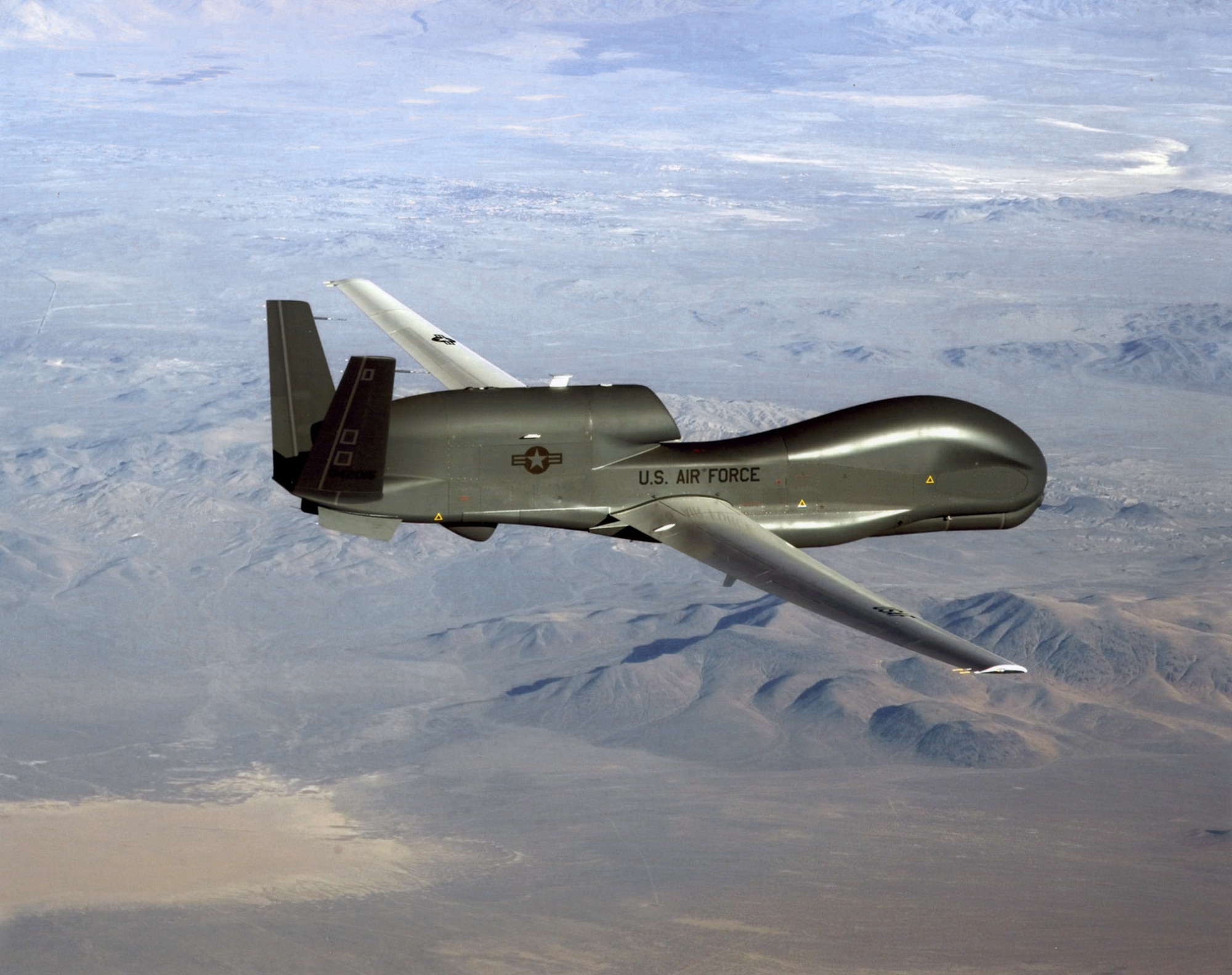 Robins Air Force Base is the first installation hosting an air Logistics Complex to receive an RQ-4 Global Hawk for paint and depaint work. Shown here, an RQ-4 Global Hawk soars through the sky to record intelligence, surveillence and reconnaissance data. (Courtesy photo)