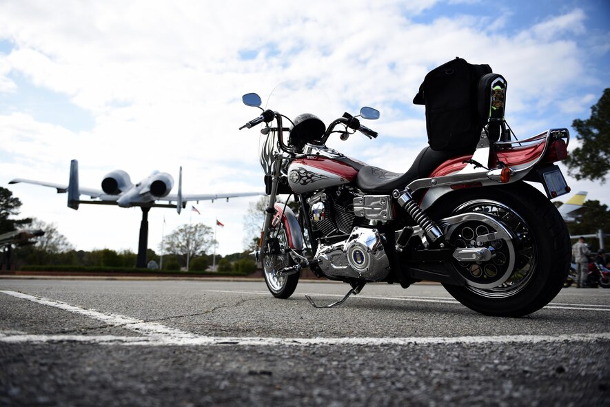 A motorcycle sits in a parking lot during the annual Blessing of the Bikes ceremony, March 24, 2017, at Seymour Johnson Air Force Base, North Carolina. The ceremony is a tradition where riders are blessed by the base chaplain to keep them safe during the coming season. (U.S. Air Force photo by Airman 1st Class Kenneth Boyton)