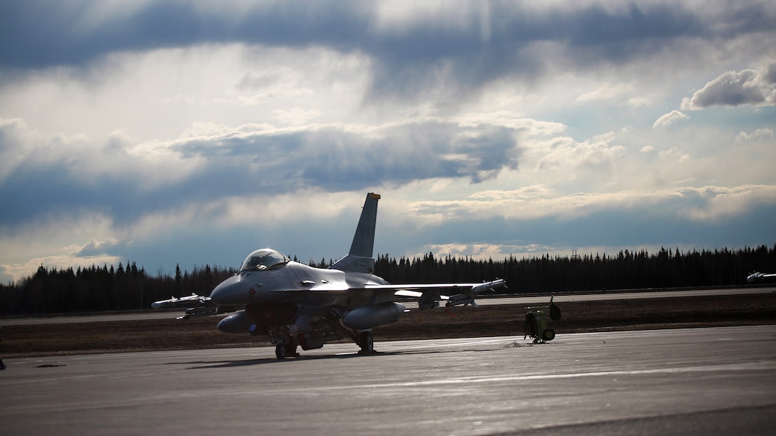 A U.S. Air Force F-16 Fighting Falcon aircraft assigned to the 13th Fighter Squadron, Misawa Air Base, Japan, taxis out during Exercise Northern Edge 2017, at Eileson Air Force Base, Alaska, May 4, 2017. Northern Edge is Alaska’s largest and premier joint training exercise designed to practice operations, techniques and procedures as well as enhance interoperability among the services. Thousands of participants from all the services—Airmen, Soldiers, Sailors, Marines and Coast Guard personnel from active duty, Reserve and National Guard units—are involved.