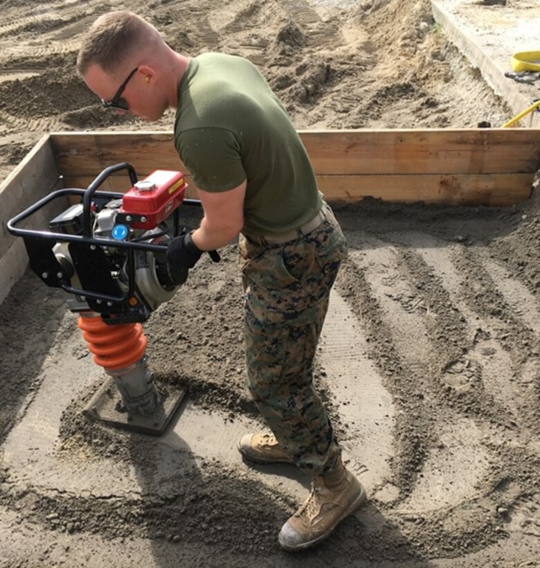 On April 19, 2017 Second Lieutenant Daniel Asheim, a Marine attached to Combat Engineer Officer course 4-17 (CEO 4-17); compacts the soil in the simulated crater subgrade using a compactor. CEO students learn how to execute an expedient crater repair using various tools in the Airfield Damage Repair kit.
