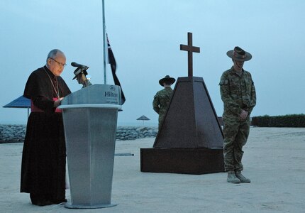 Soldiers of the Australian New Zealand Army Corps commemmorate ANZAC day at the Australian Embassy in Kuwait City Kuwait April 25, 2017. The ceremony remembers the ANZAC forces landing at Gallipolli, Turkey April 25, 1915.