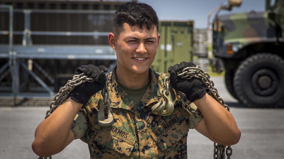 A U.S. Marine with III Marine Expeditionary Force, Alert Contingency Marine Air Ground Task Force prepares to palletize equipment during an ACM drill at Kadena Air Base, Okinawa, Japan, May 5, 2017. The ACM must be prepared to respond within 24 hours to crises throughout the Asian pacific region to mitigate crises, protect U.S. citizens, and territories, or counter threats to U.S. national interests as needed.