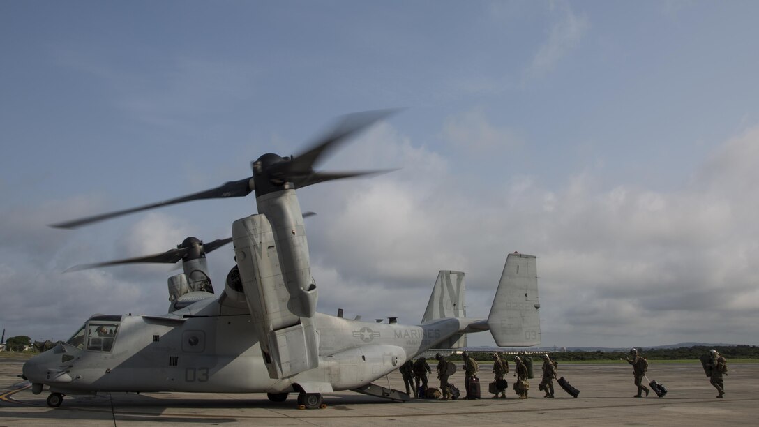 Marines with III Marine Expeditionary Force, Alert Contingency Marine Air Ground Task Force board an MV-22 osprey during a ACM drill, on Marine Corps Air Station Futenma, Okinawa, Japan, May 5, 2017. The ACM must be prepared to respond within 24 hours to crises throughout the Asian pacific region to mitigate crises, protect U.S. citizens, and territories, or counter threats to U.S. national interests as needed.