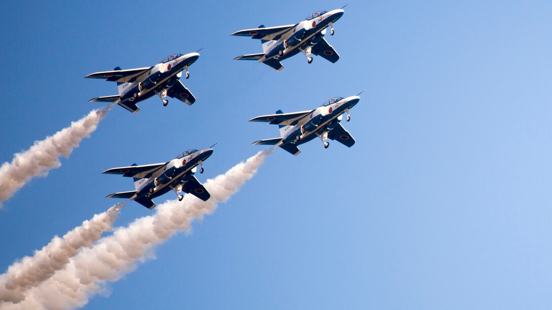 The Japan Air Self-Defense Force’s Blue Impulse performs aerial demonstrations during the 41st Japan Maritime Self-Defense Force – Marine Corps Air Station Iwakuni Friendship Day at MCAS Iwakuni, Japan, May 5, 2017. Since 1973, MCAS Iwakuni has held a single-day air show designed to foster positive relationships and offer an elevating experience that displays the communal support between the U.S. and Japan. The air show also encompassed various U.S. and Japanese static aircraft displays, aerial performances and demonstrations, food and entertainment.