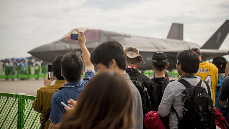 Japanese locals view various U.S. and Japanese static display aircraft during the 41st Japan Maritime Self-Defense Force – Marine Corps Air Station Iwakuni Friendship Day at MCAS Iwakuni, Japan, May 5, 2017. Displays included of F/A-18C and F/A-18D Hornets, an MV-22B Osprey and F-35B Lightning II from the III Marine Expeditionary Force, F-16 Fighting Falcon, A-10 Thunderbolt II, and KC-135 Stratotanker from U.S. forces in Korea. Displays also encompassed a C-1, MC-130J, A6M Zero, and MCH-101 from the Japan Air Self-Defense Force and JMSDF, along with WACO biplanes and Cessna airplanes from the Aircraft Owners and Pilots Association Japan. Since 1973, MCAS Iwakuni has held a single-day air show designed to foster positive relationships and offer an elevating experience that displays the communal support between the U.S. and Japan. The air show also encompassed various U.S. and Japanese static aircraft displays, aerial performances and demonstrations, food and entertainment.