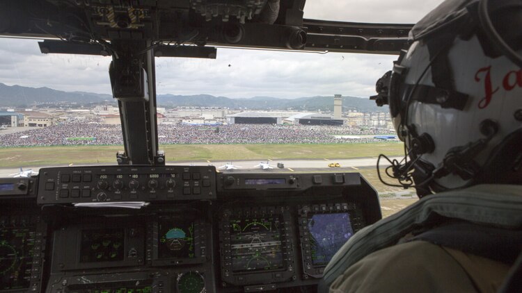 A U.S. Marine Corps MV-22B Osprey with Marine Medium Tiltrotor Squadron 265 conducts a level III flight demonstration during the 41st Japan Maritime Self-Defense Force – Marine Corps Air Station Iwakuni Friendship Day at MCAS Iwakuni, Japan, May 5, 2017. Since 1973, MCAS Iwakuni has held a single-day air show designed to foster positive relationships and offer an elevating experience that displays the communal support between the U.S. and Japan. The air show also encompassed various U.S. and Japanese static aircraft displays, aerial performances and demonstrations, food and entertainment.