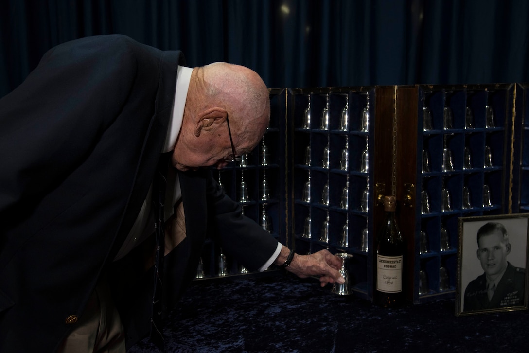 DAYTON, Ohio -- Lt. Col. (Ret.) Richard E. Cole, the sole surviving member of the Doolittle Tokyo Raiders, retired the goblet of Staff Sergeant David J. Thatcher in a private ceremony at the National Museum of the U.S. Air Force on April 18, 2017. (U.S. Air Force photo by Ken LaRock) 