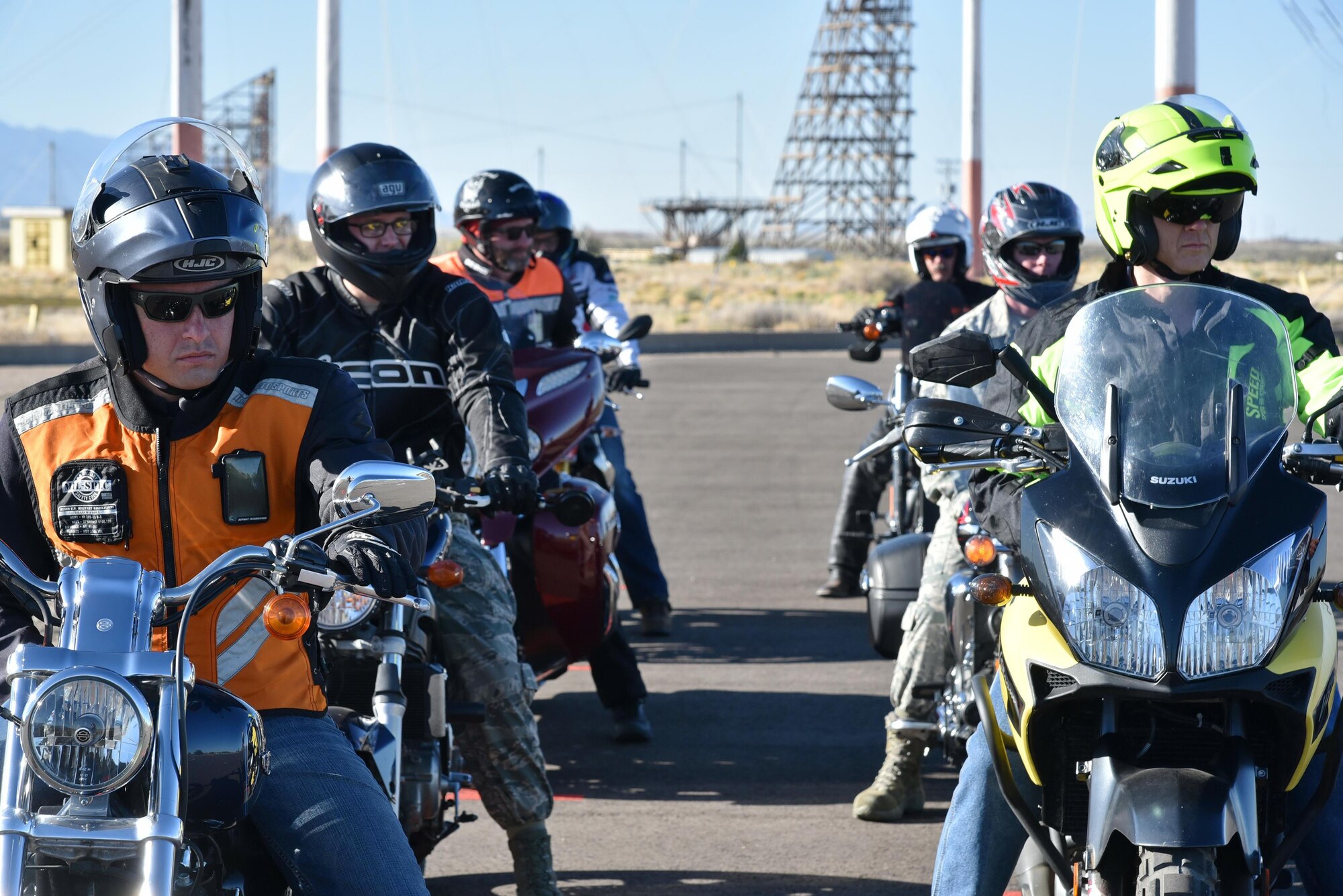 Cyclists in the Motorcycle Safety Foundation’s basic rider course  prepare to demonstrate their riding skills. To sign up for a Rider Course, go to https://sites.google.com/site/kafbriders. The courses are free and required by the Air Force for anyone wishing to ride on base. 