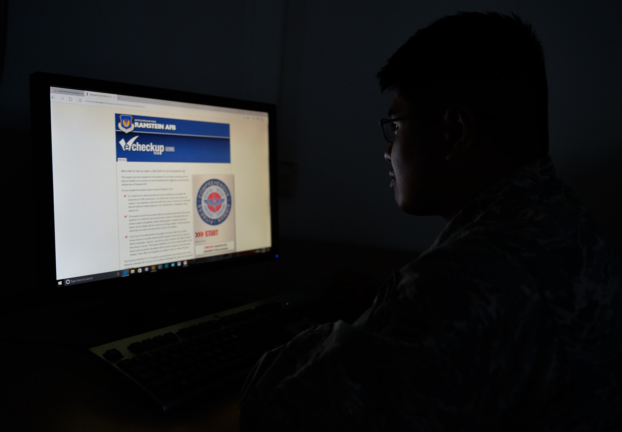 An Airman visits the Alcohol e-CheckUpToGo program website on Ramstein Air Base, Germany, May 4, 2017. The Alcohol e-CheckUpToGo program, designed by university counseling center psychologists from San Diego State University, is an anonymous, evidence-based, personalized online alcohol intervention that allows Airmen to enter information about their drinking patterns and receive feedback about their use of alcohol. (U.S. Air Force photo by Airman 1st Class Savannah L. Waters)