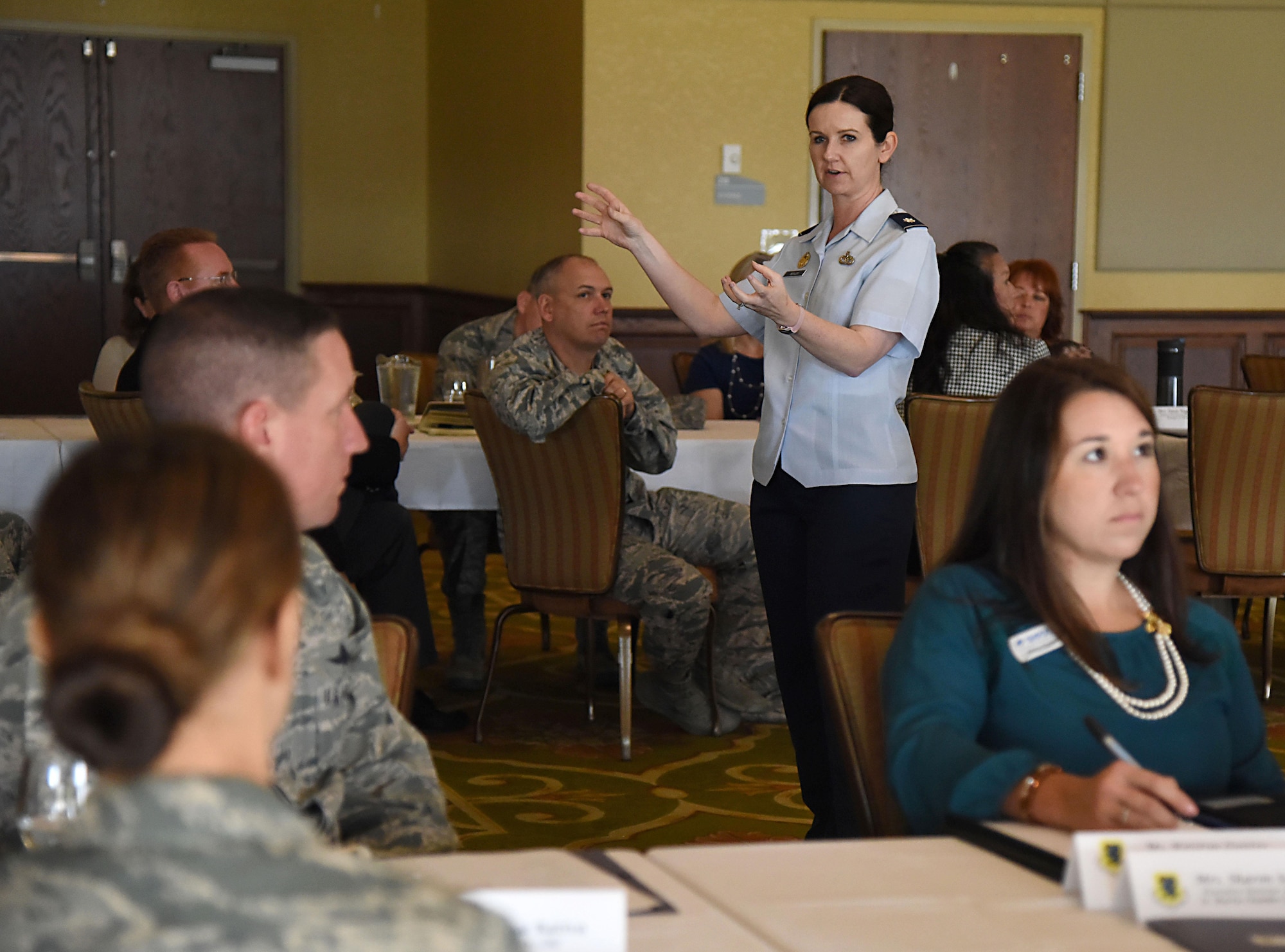 Lt. Col. Timorah Beales, Secretary of the Air Force Installations, Environment and Energy partnership broker, Joint Base Langley-Eustis, Va., delivers welcoming remarks during the Air Force Community Partnership Program kick-off meeting at the Bay Breeze Event Center May 3, 2017, on Keesler Air Force Base, Miss. The program is designed to leverage military and local community capabilities and resources to achieve mutual value and benefit in support of the Air Force and its business partners. (U.S. Air Force photo by Kemberly Groue)