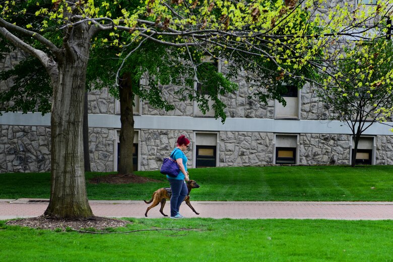 Stephanie Shipwash, a graduate assistant at the University of Central Missouri, maneuvers around the campus with her service dog, Gabbie, in Warrensburg, Mo., April 20, 2017. Gabbie came from a local non-profit organization, called Warriors’ Best Friend, which trains rescue dogs exclusively to help veterans who separated from the military with post-traumatic stress disorder or traumatic brain injury. (U.S. Air Force photo by Airman 1st Class Jazmin Smith)