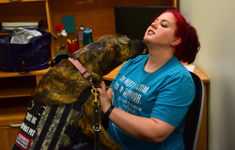 Stephanie Shipwash, a graduate assistant at the University of Central Missouri, is calmed after her service dog, Gabbie, senses her anxiety in Warrensburg, Mo., April 20, 2017. In addition to providing emotional support, Gabbie has been trained on 25 commands to help Shipwash on a day-to-day basis. Three of the commands are catered towards lessening the effects of her post-traumatic stress disorder and depression. (U.S. Air Force photo by Airman 1st Class Jazmin Smith)