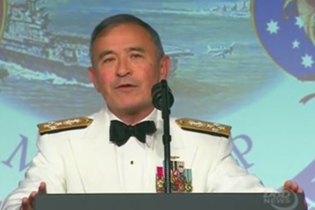 Navy Adm. Harry B. Harris Jr., commander of U.S. Pacific Command, delivers remarks at the Battle of the Coral Sea 75th Anniversary Dinner in New York, May 4, 2017.