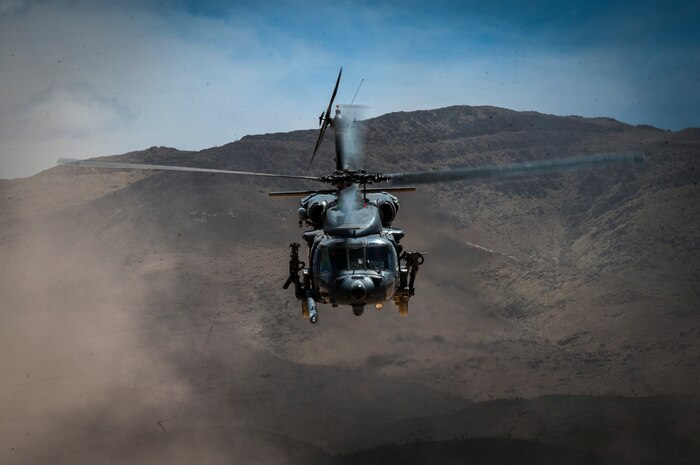 An HC-130P/N King cargo aircraft assigned to the 34th Weapons Squadron, U.S. Air Force Weapons School, Nellis Air Force Base, Nev., lands on a dry lake bed during a composite mission application exercise at the Nevada Test and Training Range, April 24, 2017. The HC-130P/N is an extended-range version of the C-130 Hercules transport. HC-130 crews provide expeditionary, all-weather personnel recovery capabilities to combatant commanders and joint/coalitions partners worldwide. (U.S. Air Force photo by Senior Airman Joshua Kleinholz/Released)
