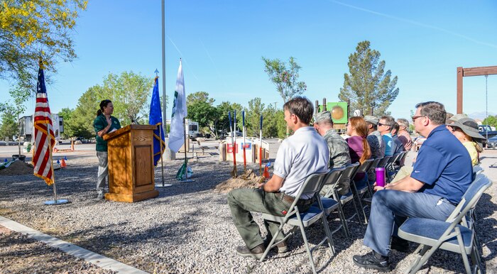 Lisa Ortega, state Urban Forester from the Nevada Division of Forestry, discusses the importance of Arbor Day at the Desert Eagle RV Park playground on Nellis Air Force Base, May 3, 2017. Arbor Day is celebrated by planting trees and giving back to the environment. The first Arbor Day was celebrated April 10, 1872. (U.S. Air Force photo by Airman 1st Class Andrew D. Sarver/Released)