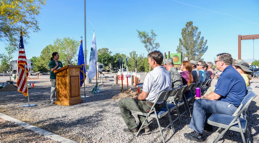 Lisa Ortega, state Urban Forester from the Nevada Division of Forestry, discusses the importance of Arbor Day at the Desert Eagle RV Park playground on Nellis Air Force Base, May 3, 2017. Arbor Day is celebrated by planting trees and giving back to the environment. The first Arbor Day was celebrated April 10, 1872. (U.S. Air Force photo by Airman 1st Class Andrew D. Sarver/Released)