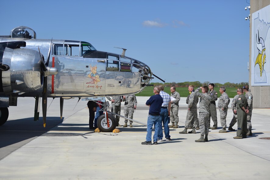 A World War II era B-25 "Mitchell" bomber was flown to the 934th Airlift Wing May 4 and will be on display at the May wing commander's call. The presence of the bomber pays homage to the Air Force 70th anniversary this year. The plane is the type flown during the Dolittle raid in WW II. The planes were specially modified in Minneapolis prior to the raid to give them the range necessary to reach Japan. The aircraft is owned and flown by a local Twin Cities flying group. (Air Force photos/Paul Zadach)

