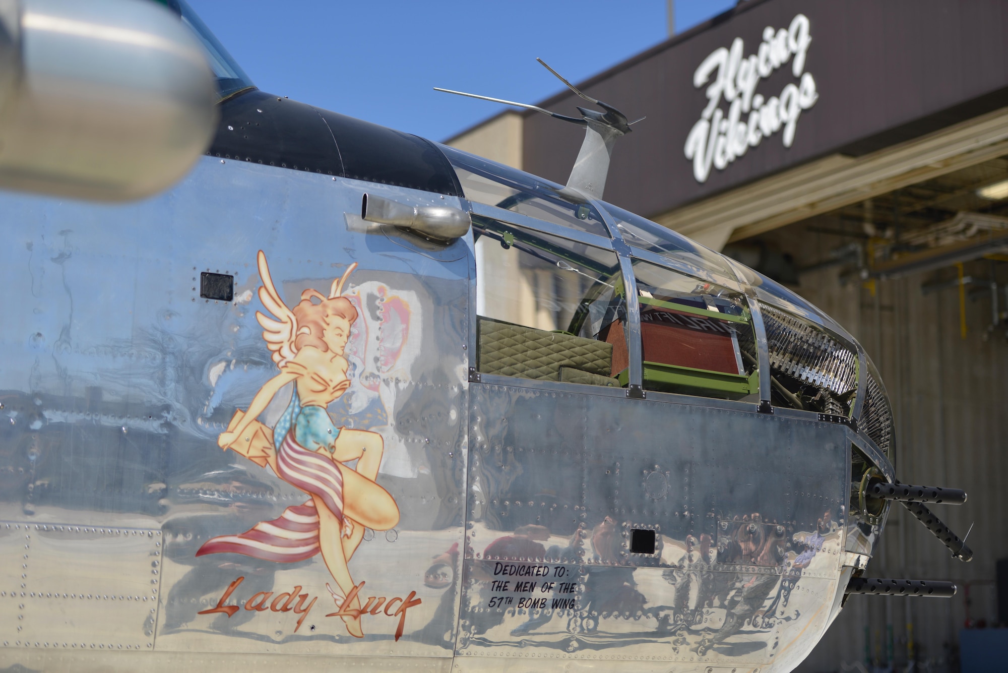 A World War II era B-25 "Mitchell" bomber was flown to the 934th Airlift Wing May 4 and will be on display at the May wing commander's call. The presence of the bomber pays homage to the Air Force 70th anniversary this year. The plane is the type flown during the Dolittle raid in WW II. The planes were specially modified in Minneapolis prior to the raid to give them the range necessary to reach Japan. The aircraft is owned and flown by a local Twin Cities flying group. (Air Force photos/Paul Zadach)

