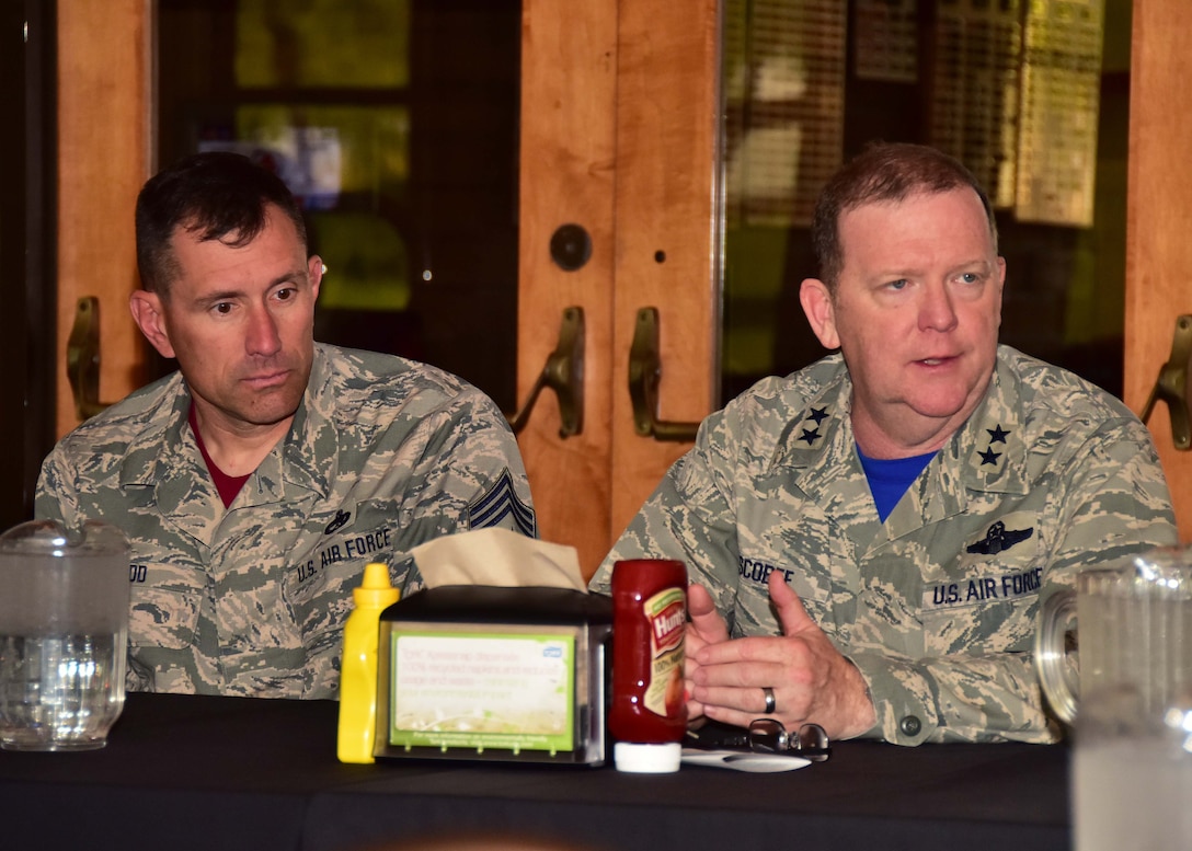 Maj. Gen. Richard Scobee, 10th Air Force commander and Chief Master Sgt. James Nudd, 944th Fighter Wing interim command chief, visit with Airmen from the 944 FW Apr. 14 during a luncheon held at the Falcon Dunes golf course, Luke Air Force Base, Ariz. (U.S. Air Force photo by Tech. Sgt. Louis Vega Jr.)