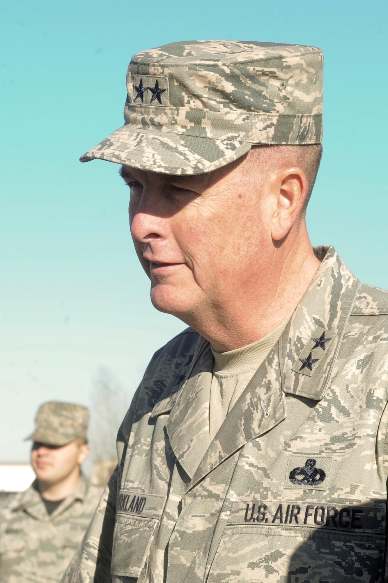 Maj. Gen. Gene Kirkland, Air Force Material Command director of logistics, civil engineering and force protection, talks with Airmen at Minot Air Force Base, N.D., Apr. 28, 2017. Kirkland directs AFMC policies and procedures which affect aircraft maintenance, munitions, supply, logistics plans and transportation. (U.S. Air Force photo/Airman 1st Class Jessica Weissman)