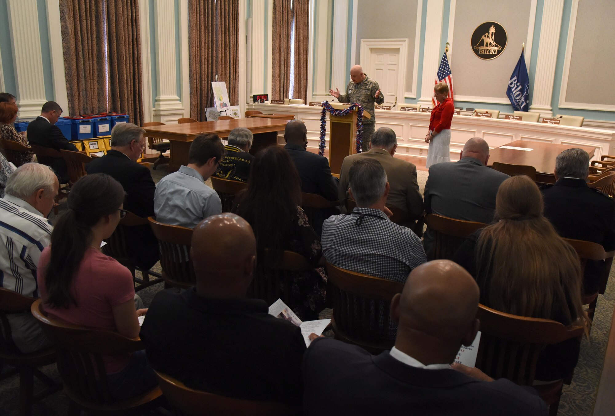Chaplain (Col.) Alan Chouest, 81st Training Wing chaplain out of Keesler Air Force Base, Miss., delivers a prayer during the City of Biloxi’s 66th Annual Observance National Day of Prayer at Biloxi City Hall May 4, 2017, Biloxi, Miss. The National Day of Prayer is an annual national observance dating back to a call in a joint resolution of Congress signed into law by President Harry S. Truman in 1952. (U.S. Air Force photo by Kemberly Groue)