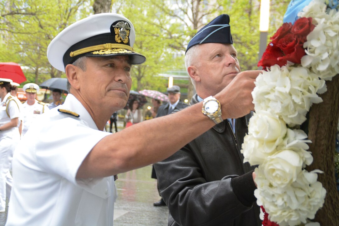 Navy Adm. Harry B. Harris Jr., commander of U.S. Pacific Command, left, and Air Chief Marshal Mark Binskin, chief of Australia's defense force, lay a wreath at One World Trade Center, New York City, May 5, 2017. Navy photo by Petty Officer 1st Class Carlos M. Vazquez II