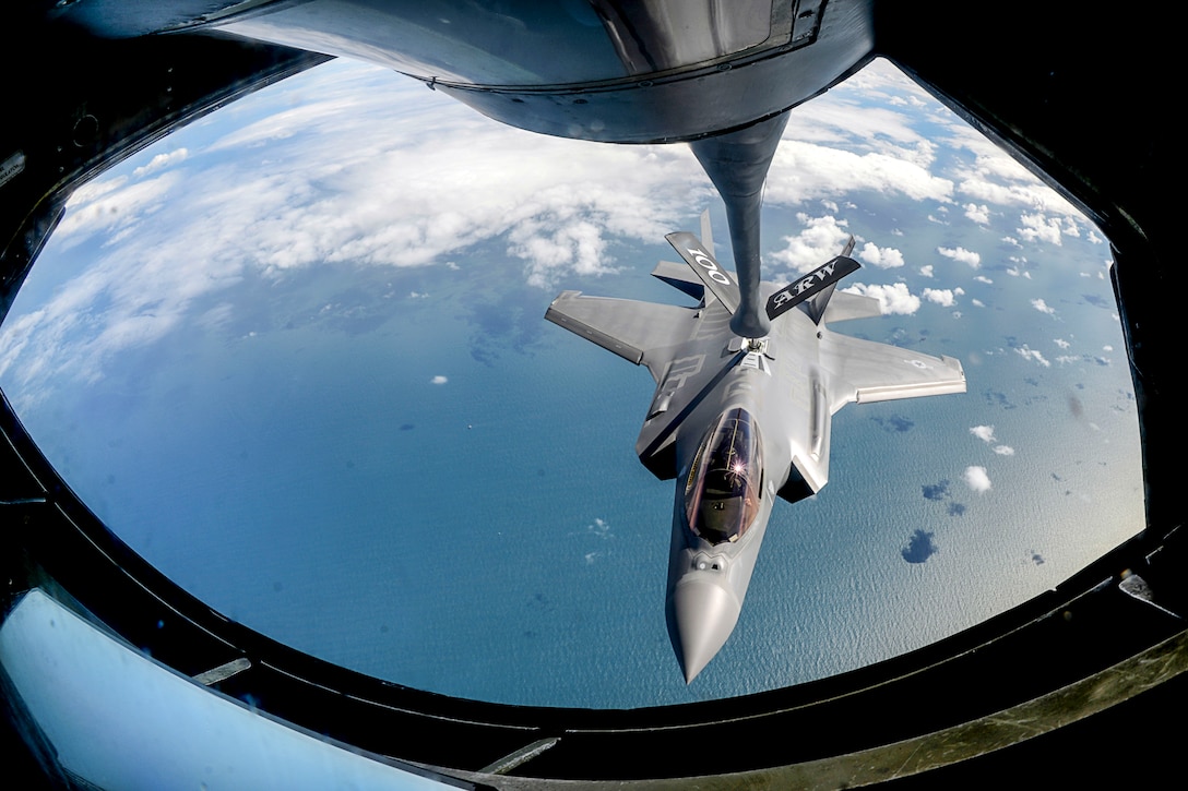 An Air Force F-35A Lightning II prepares to receive fuel from a KC-135 Stratotanker during a training sortie over the United Kingdom, April 28, 2017. F-35 aircraft conducted the sortie with F-15C Eagles assigned to the 493rd Fighter Squadron. Air Force photo by Senior Airman Justine Rho
